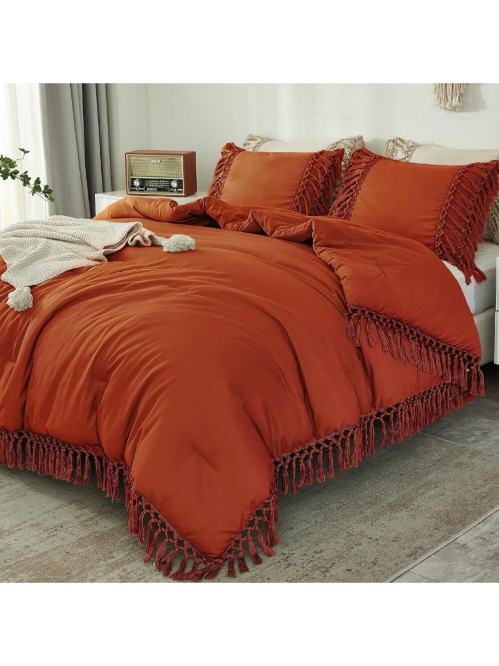 Boho Terracotta Queen Comforter Set, 3-Piece Tassel Bedding for Cozy Home Decor
